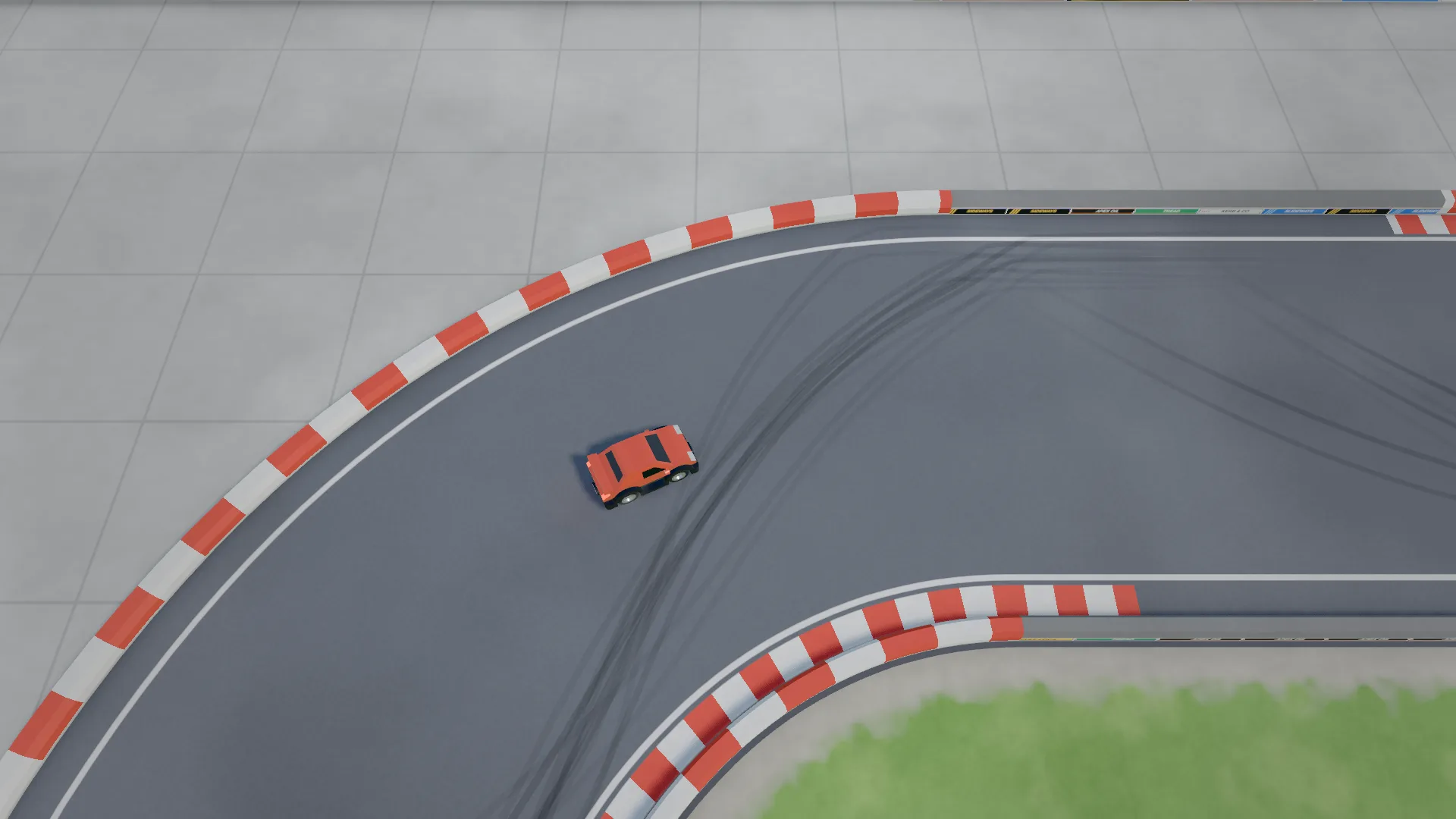 A red car sliding through a bend on an airfield course of concrete slabs and grass