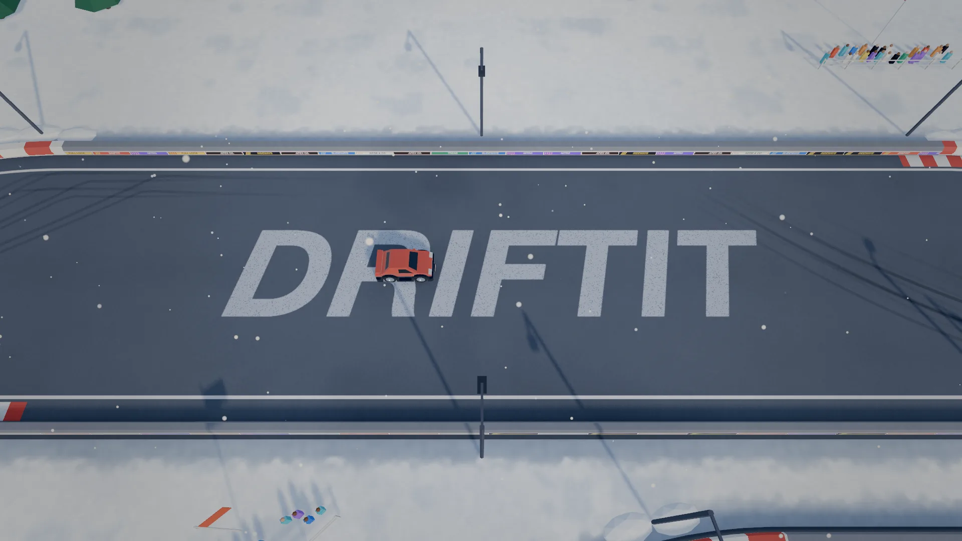 A red car drifting over the DRIFTIT wordmark painted on a snowy straight, snow falling