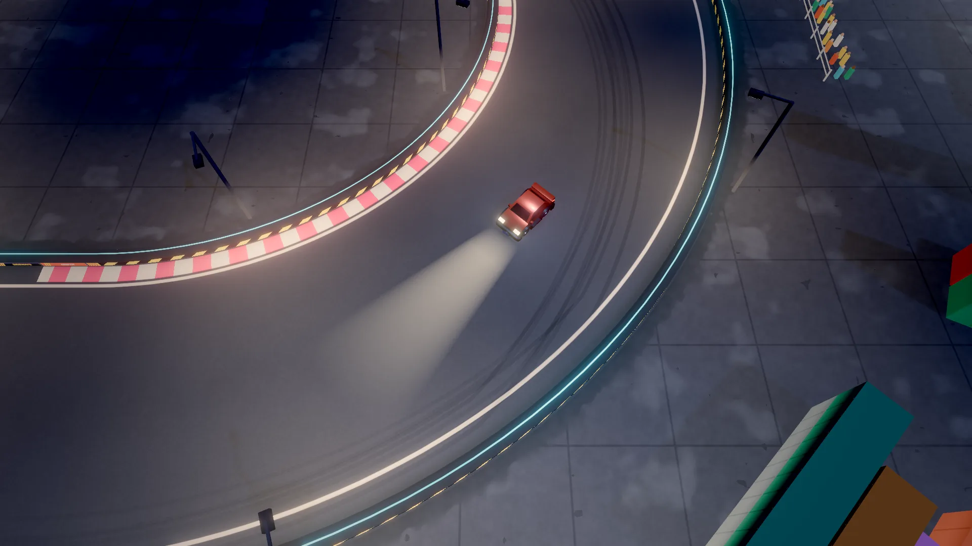 Top-down view of a red car drifting at night through a neon-lit bend at Neon Harbour, headlights sweeping the track
